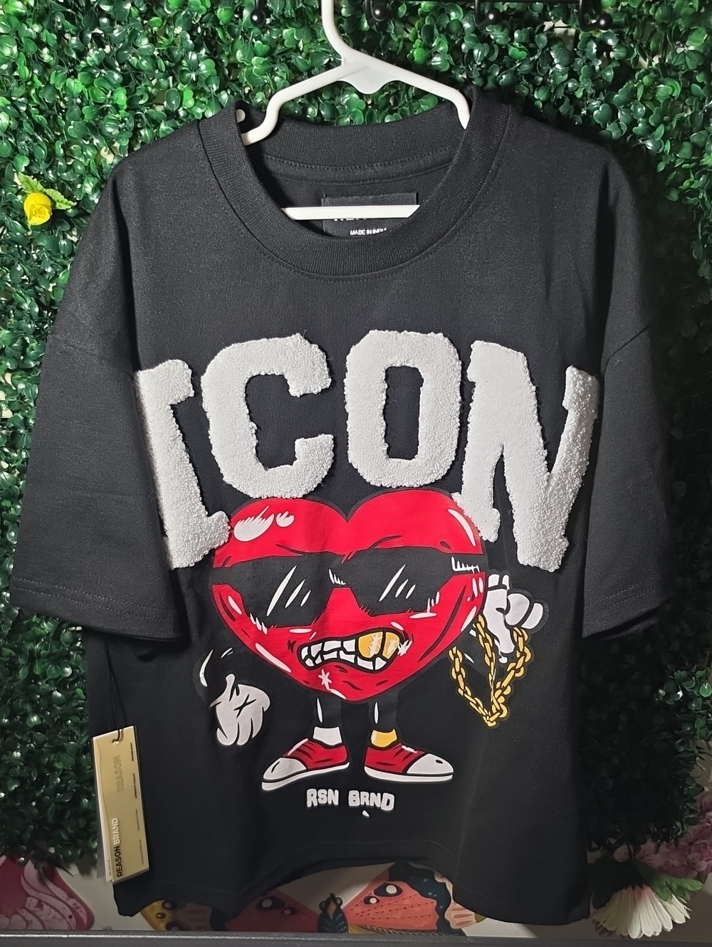Reason Black Tee with Red Heart Character and White ICON Lettering